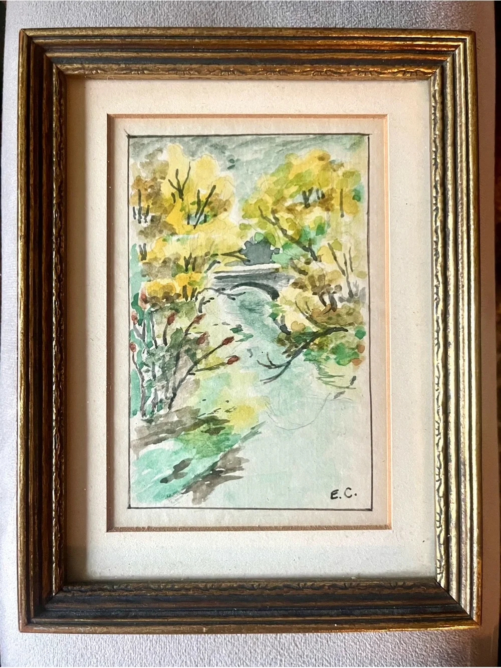 HVintage Original Watercolor Landscape | Stone Bridge | Signed E.C. | MCM